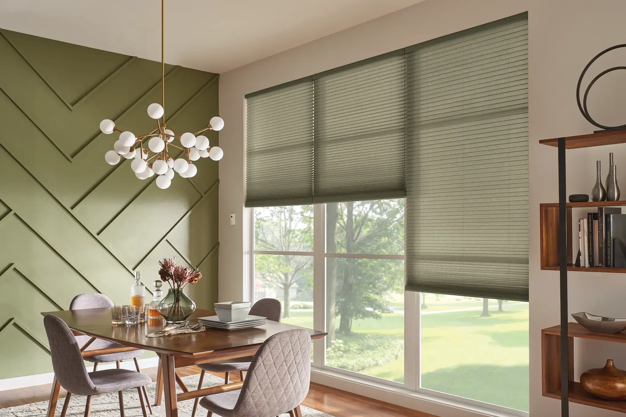 Cellular blinds on a large window in a contemporary living room