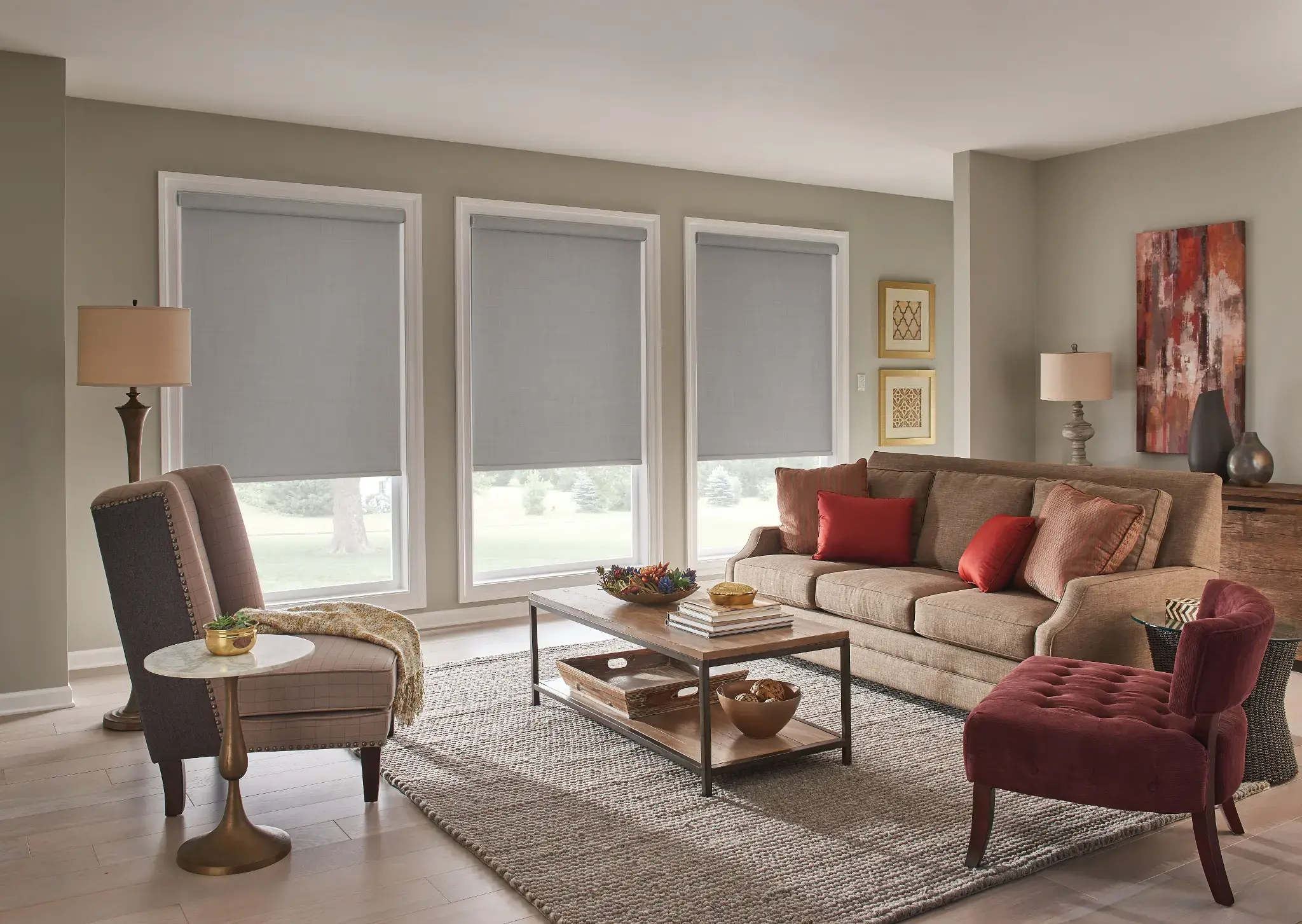 Textured gray roller shade in a modern bedroom setting