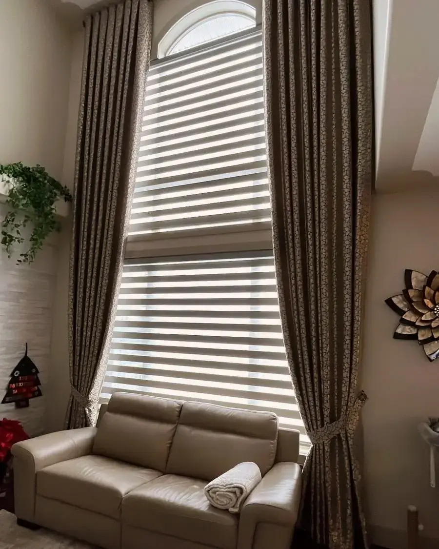 Zebra blinds in light filtering position showing partial view to outside