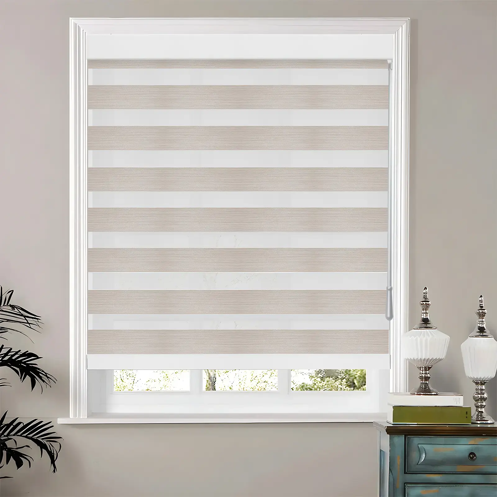 Close-up of zebra blind fabric showing the alternating sheer and solid bands